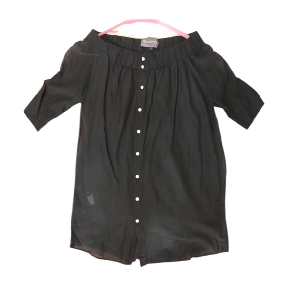 Antipodium Black Sheer Off the Shoulder 3/4 Sleeve Mini Dress w/ Pearl Buttons - Picture 16 of 16